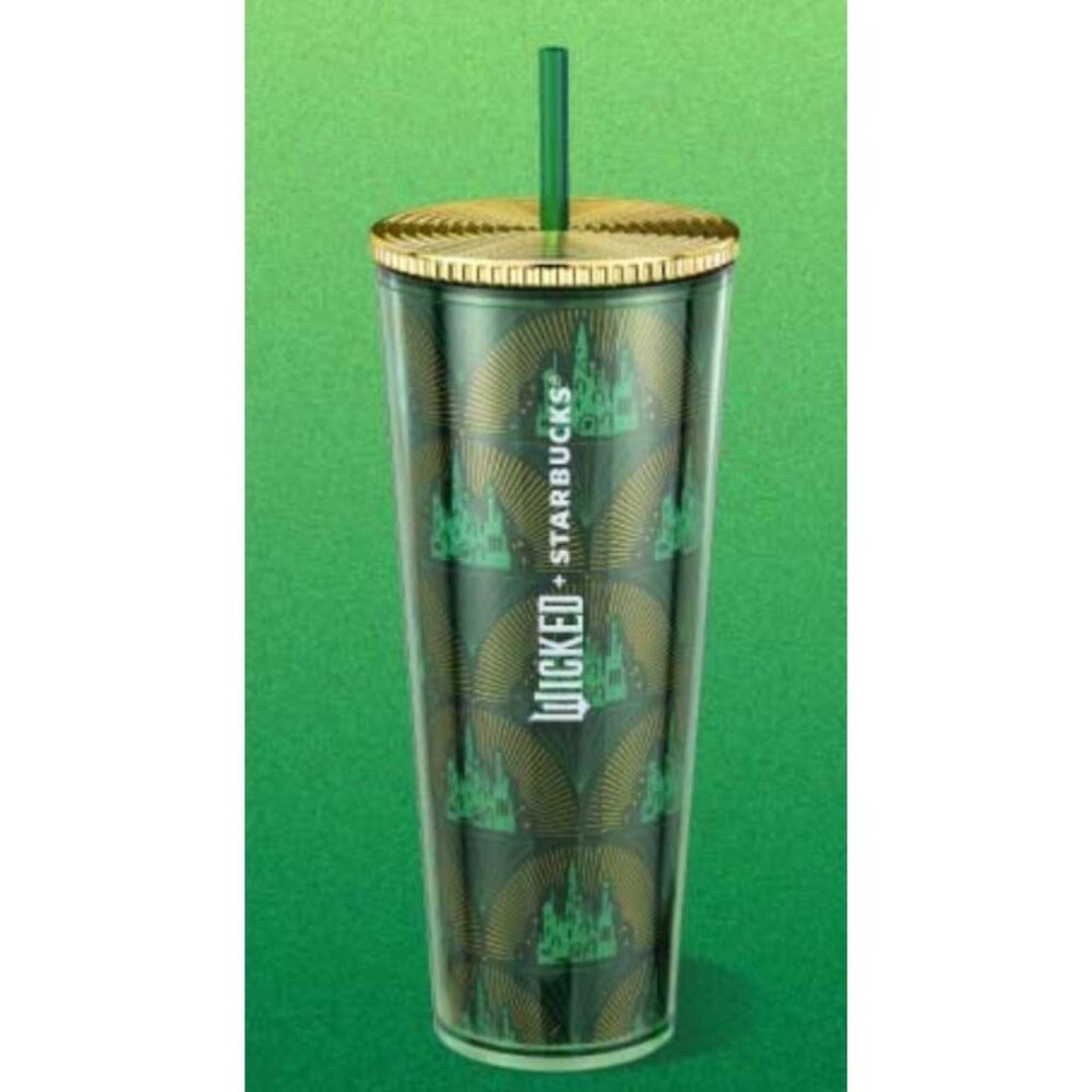 Starbucks Wicked Themed 24 Oz Green & Gold Reusable Cold Cup Tumbler With Lid &